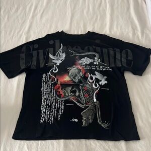 Black Graphic Tee with Skeleton and Doves